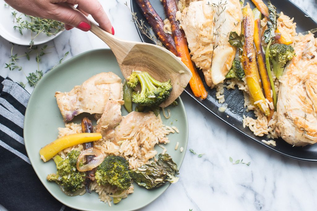 One Pan Roasted Chicken, Rice & Veggies