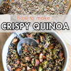 a baking sheet with uncooked quinoa and nuts and a bowl of cooked crispy quinoa