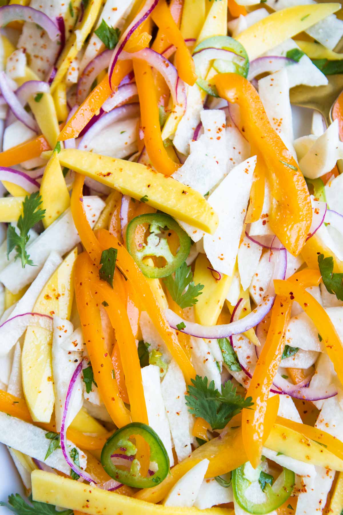 jicama salad garnished with jalapeno and cilantro