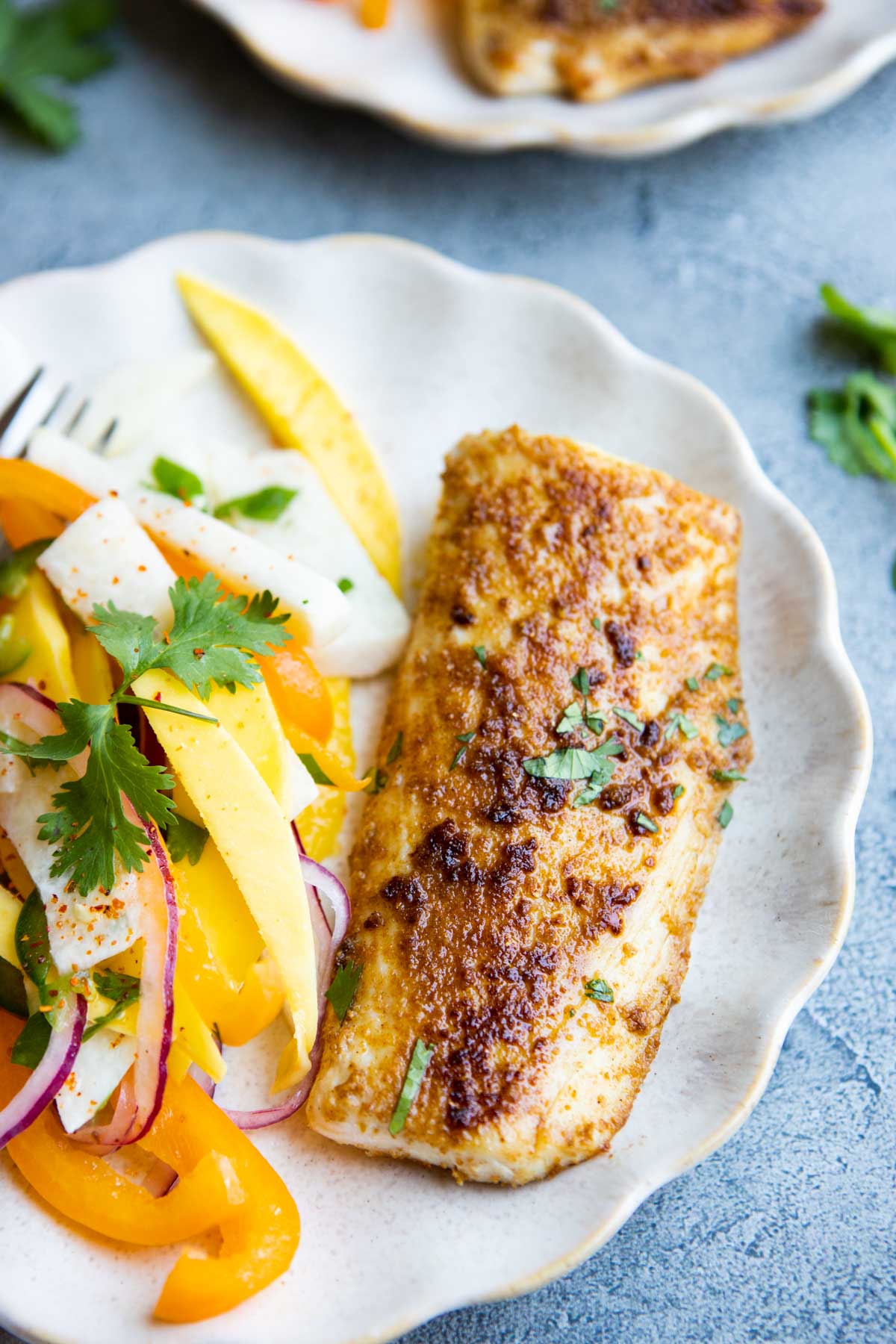 a piece of blackened pan seared mahi mahi on a plate with a mango jicama salad 