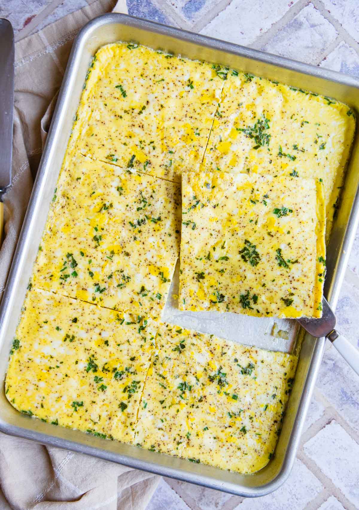 quarter sheet pan eggs for sandwiches cut into 6 squares