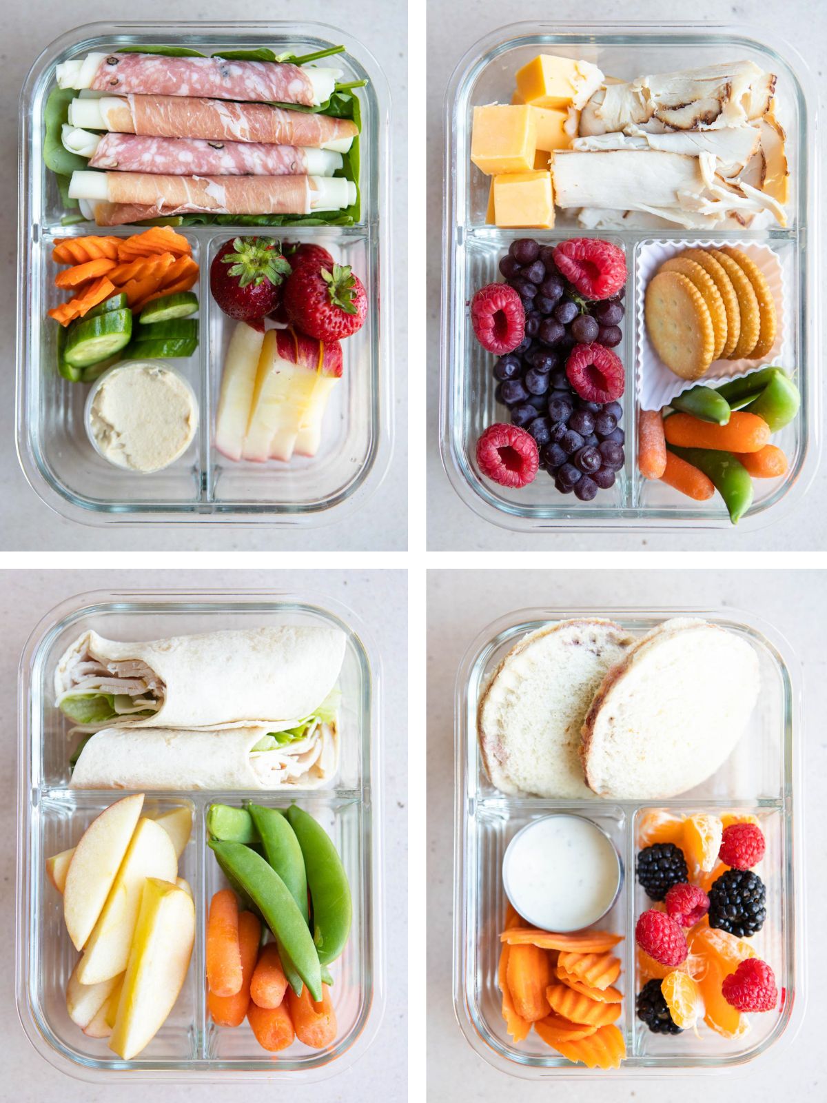 4 glass bento boxes filled with different lunches for teens for school 