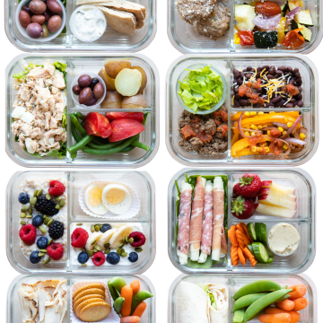 8 glass meal prep containers filled with healthy and nutritious foods that are high in protein