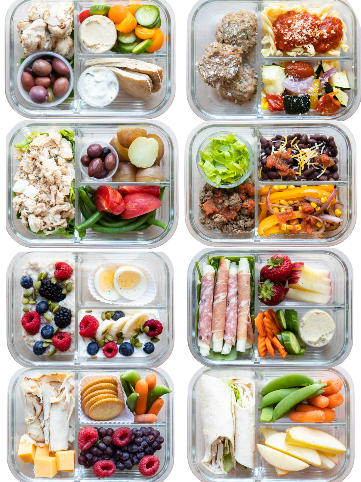 8 glass meal prep containers filled with healthy and nutritious foods that are high in protein