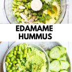 fresh ingredients in a food processor and a picture of green hummus in a bowl