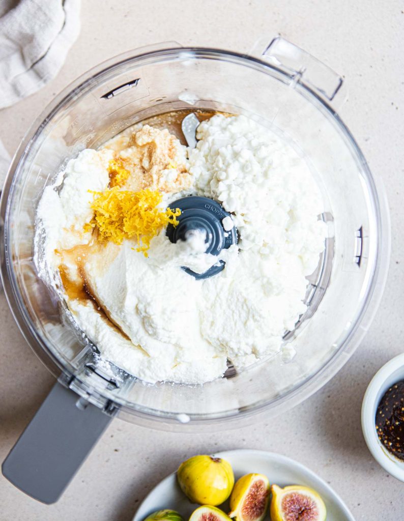 ricotta, cottage cheese, lemon zest and vanilla in a food processor 