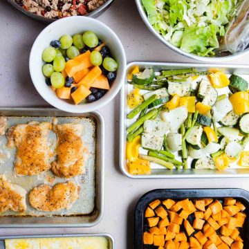 7 dishes filled with chicken eggs, veggies and salad greens to show how you can make easy high protein meal prep