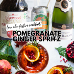 ingredients to make a pomegranate cocktail and the finished cocktail in pretty cocktail glasses