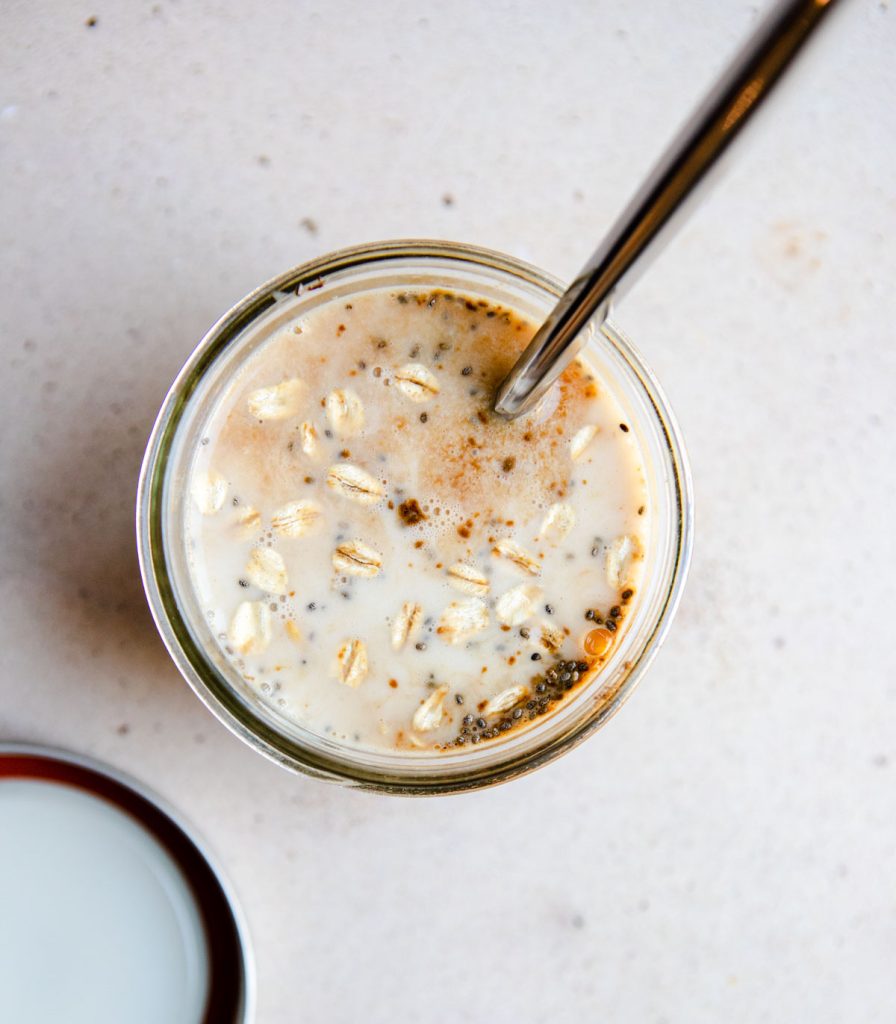 milk mixed with dry ingredients to make overnight coffee oats