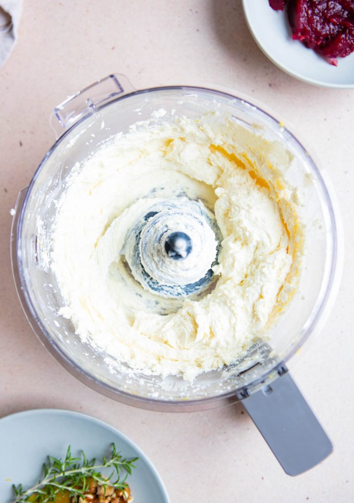 blended whipped feta dip in a food processor bowl