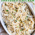 fast and easy shredded chicken served in a ceramic dish