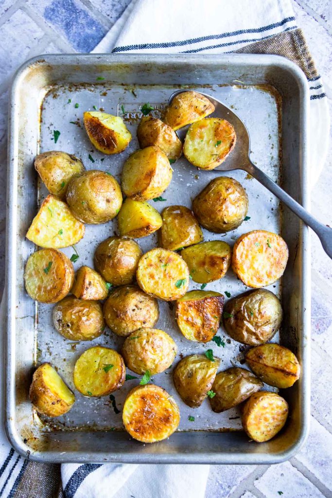 yellow potatoes on a sheet tray