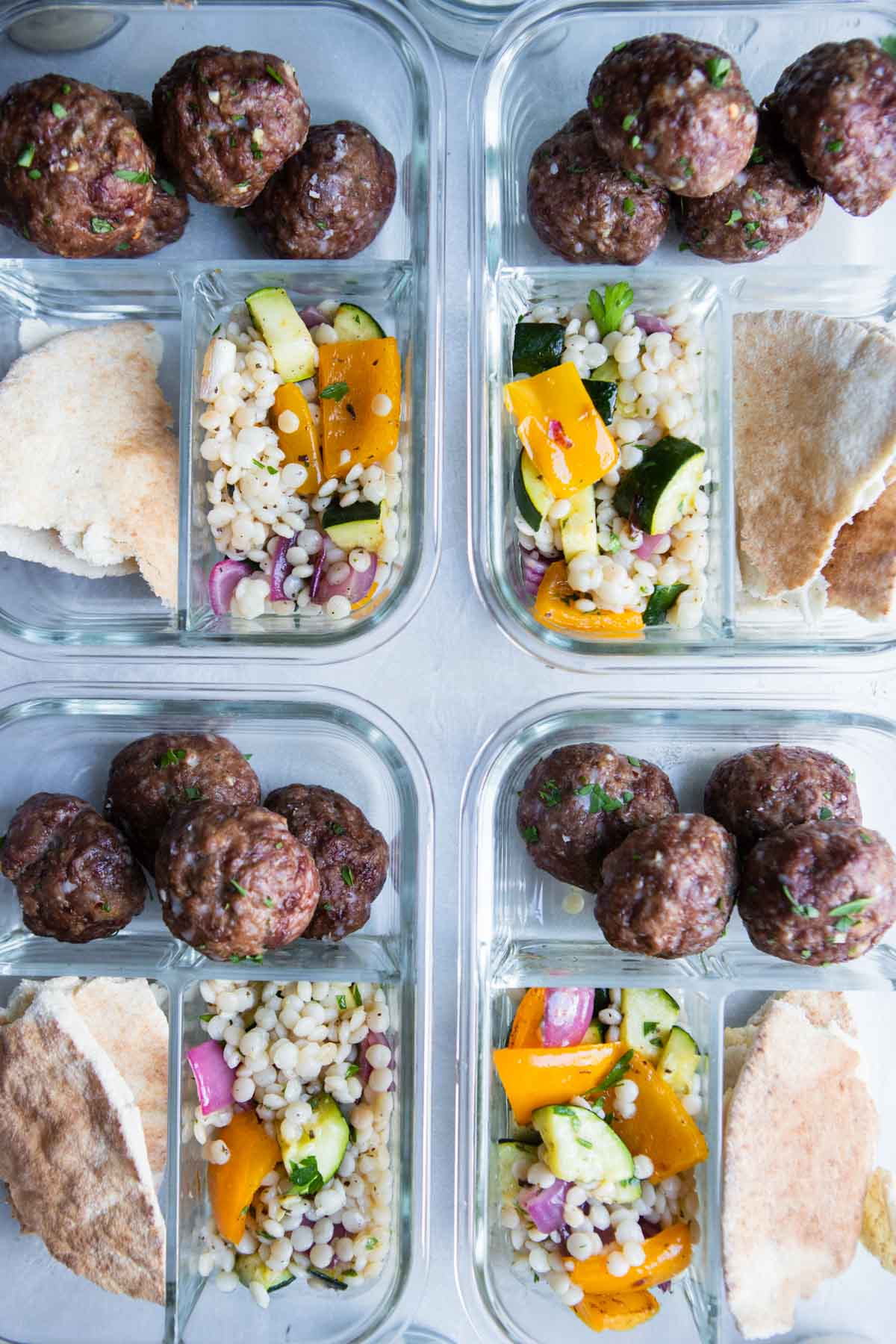 ground lamb meatballs in meal prep containers