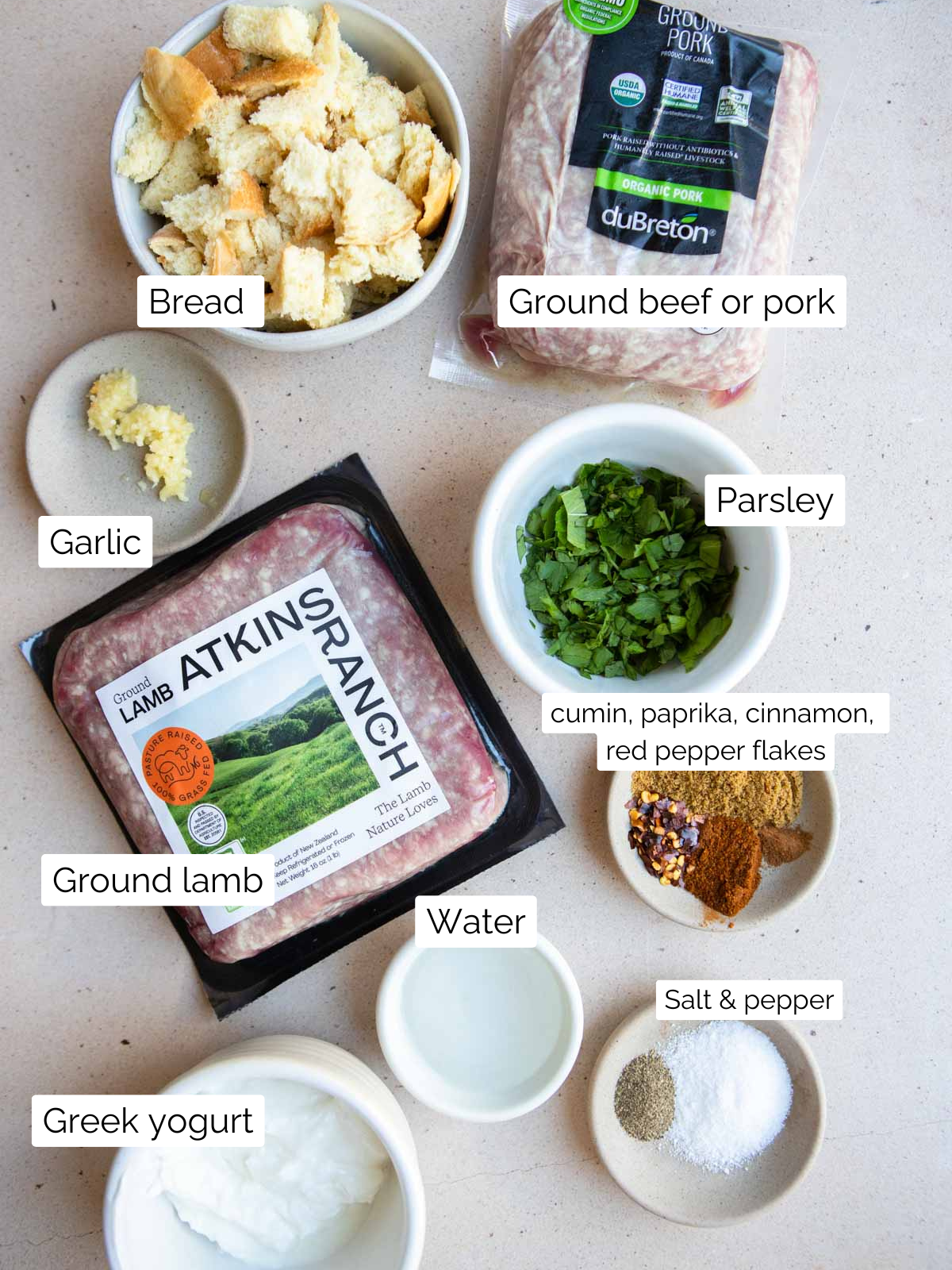 ingredients to make lamb and beef meatballs 